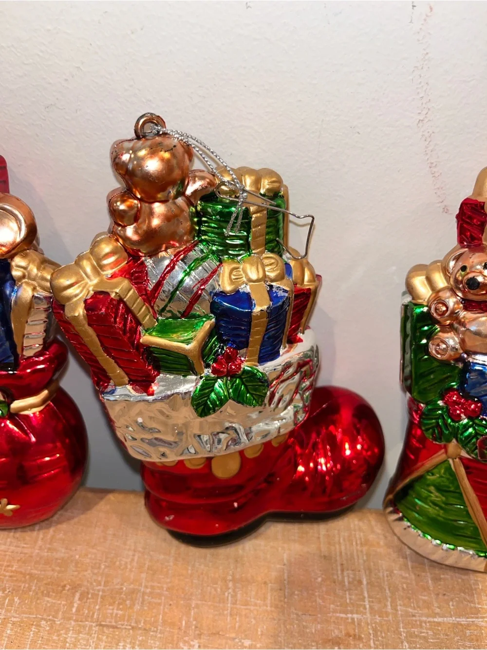 Holiday Glass Ornament Set - Red, Gold & Green Christmas Stocking and Drum 6.5”